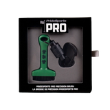 Green shamrock PrideSports PRO Precision Brush in retail packaging with retractable clip and carabiner.