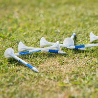 Golf tees with blue and white golf tees on a grassy surface