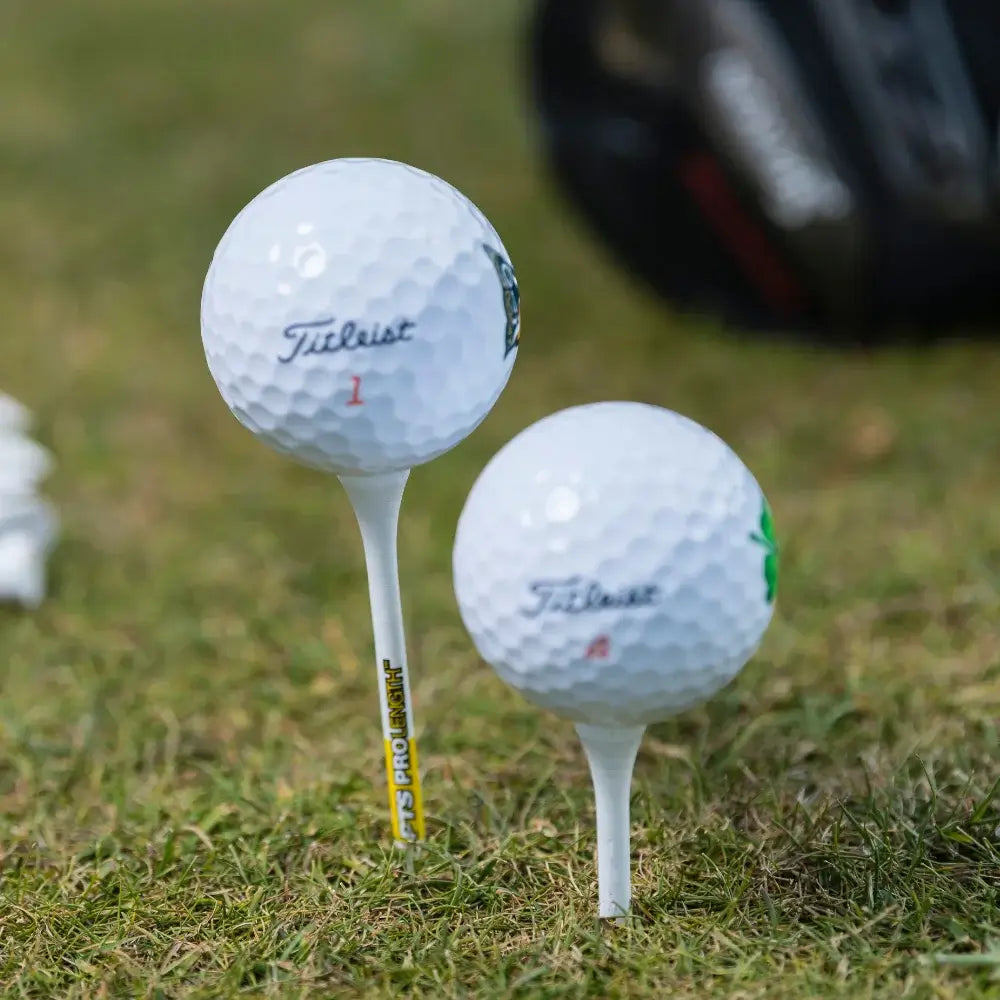 Two Titleist golf balls on tees, one marked "1" and the other with a green design, positioned on grass with a golf club in the background.