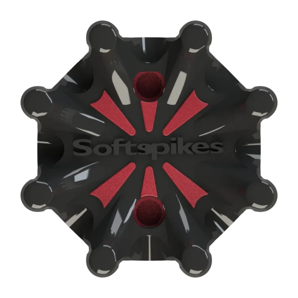 Front angle of black and red Pulsar Golf Spikes