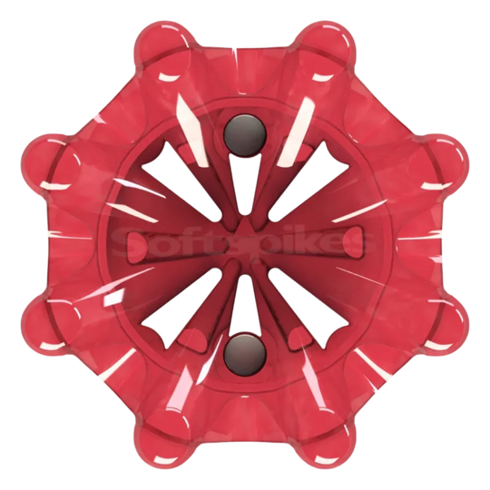 Bottom view of red Pulsar golf spike on a white background