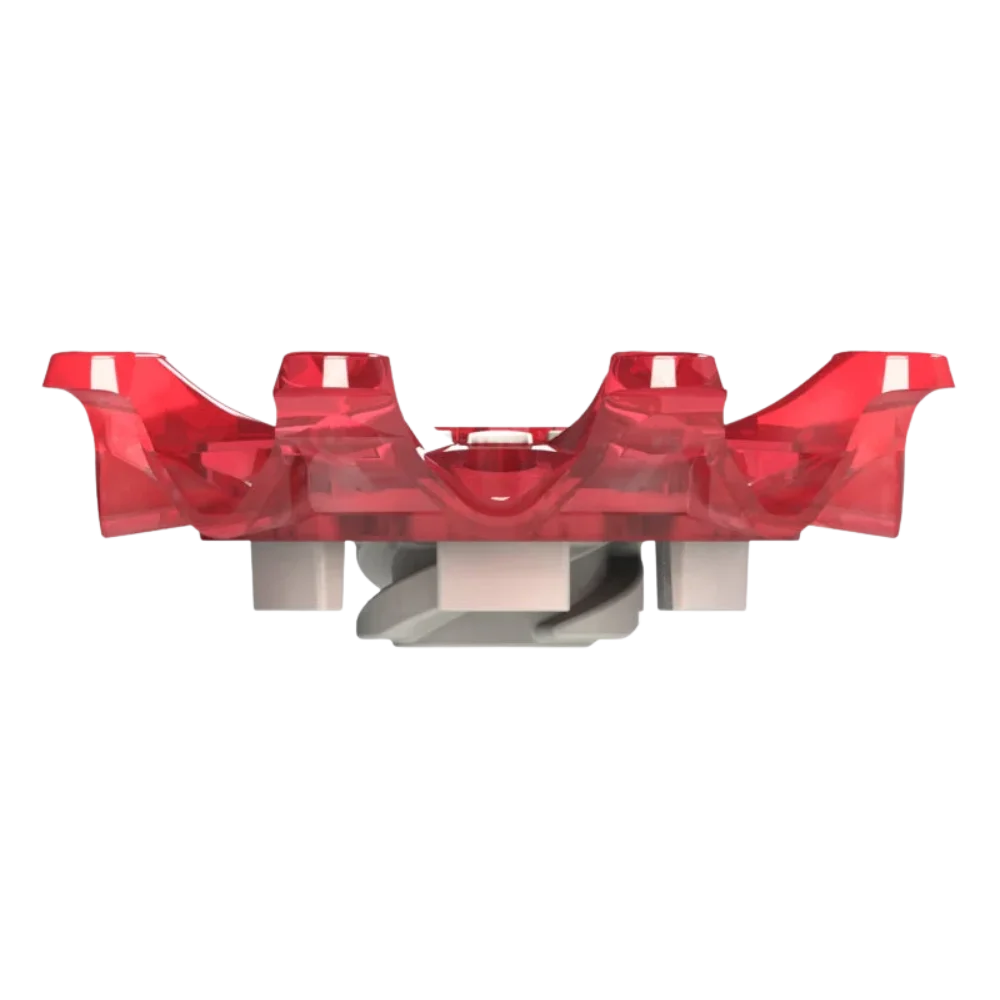 Side view of red Pulsar golf spike on a white background