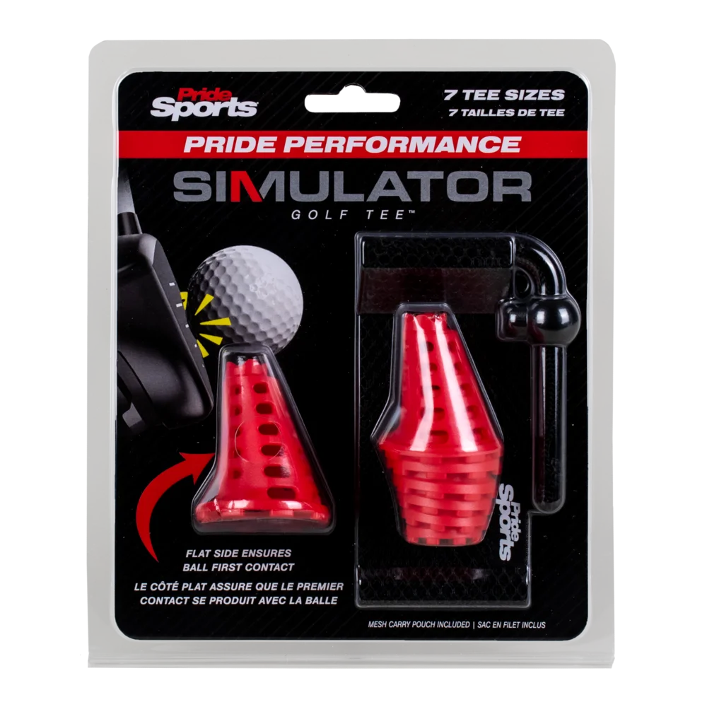 The red Pride Performance Simulator Golf Tee package, 7 tee sizes with mesh carry pouch.