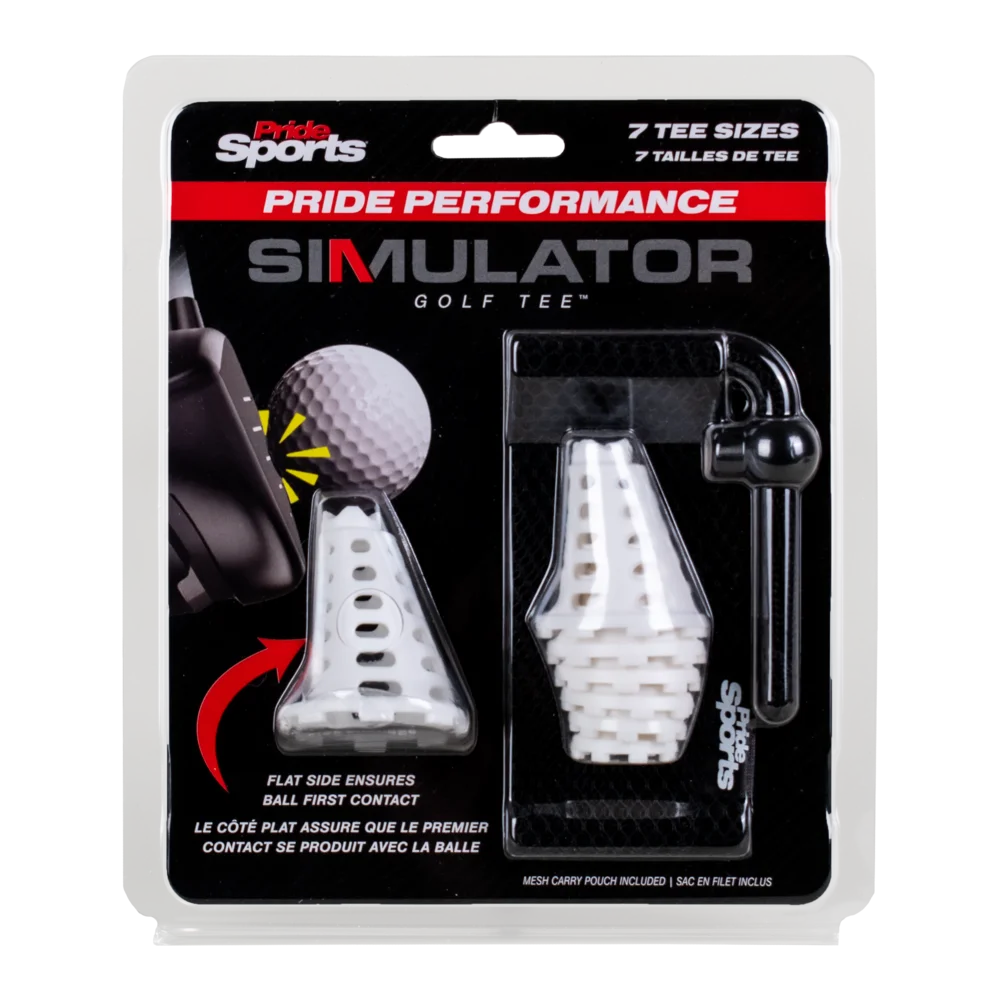 The white Pride Performance Simulator Golf Tee package, 7 tee sizes with mesh carry pouch.