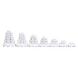 Seven white simulator golf tee sizes lined up from tallest to shortest.