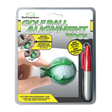 Golf ball alignment tool packaging with green golf ball and red marker on a white background