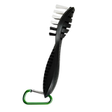 Black utility brush with white bristles and a green carabiner clip on a white background