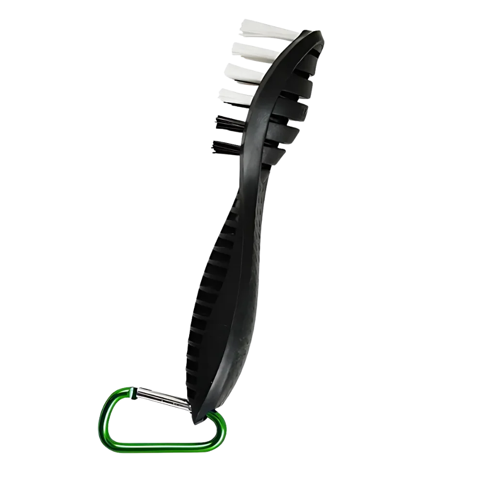 Black utility brush with white bristles and a green carabiner clip on a white background