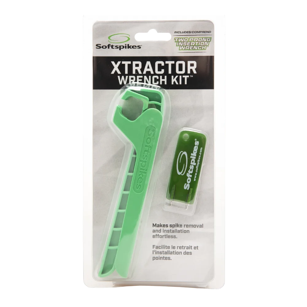 A Softspikes Xtractor Wrench Kit, featuring a green wrench for spike removal and installation, packaged in clear plastic.