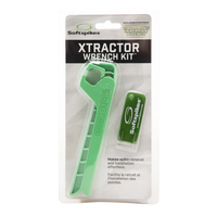 A Softspikes Xtractor Wrench Kit, featuring a green wrench for spike removal and installation, packaged in clear plastic.