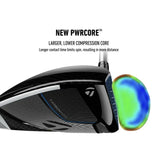 Golf club head with a colorful core display and text about PWRCORE technology.