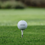 Golf ball on a tee in the grass with a blurred background