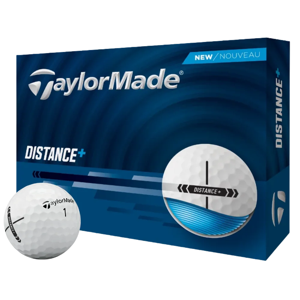 TaylorMade Distance+ golf ball packaging with a golf ball in front on a white background