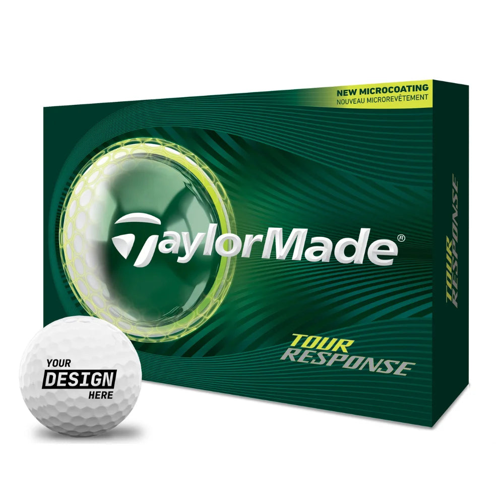 TaylorMade Tour Response golf ball box with custom logo imprint option shown on ball.