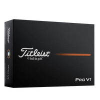 Titleist Pro V1 golf ball dozen box angled view with orange accent stripe.
