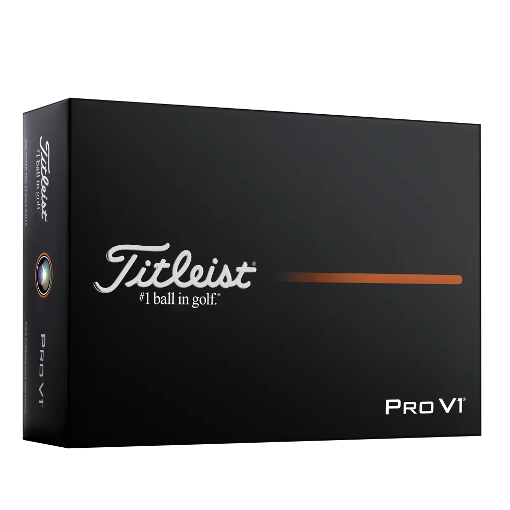 Titleist Pro V1 golf ball dozen box angled view with orange accent stripe.
