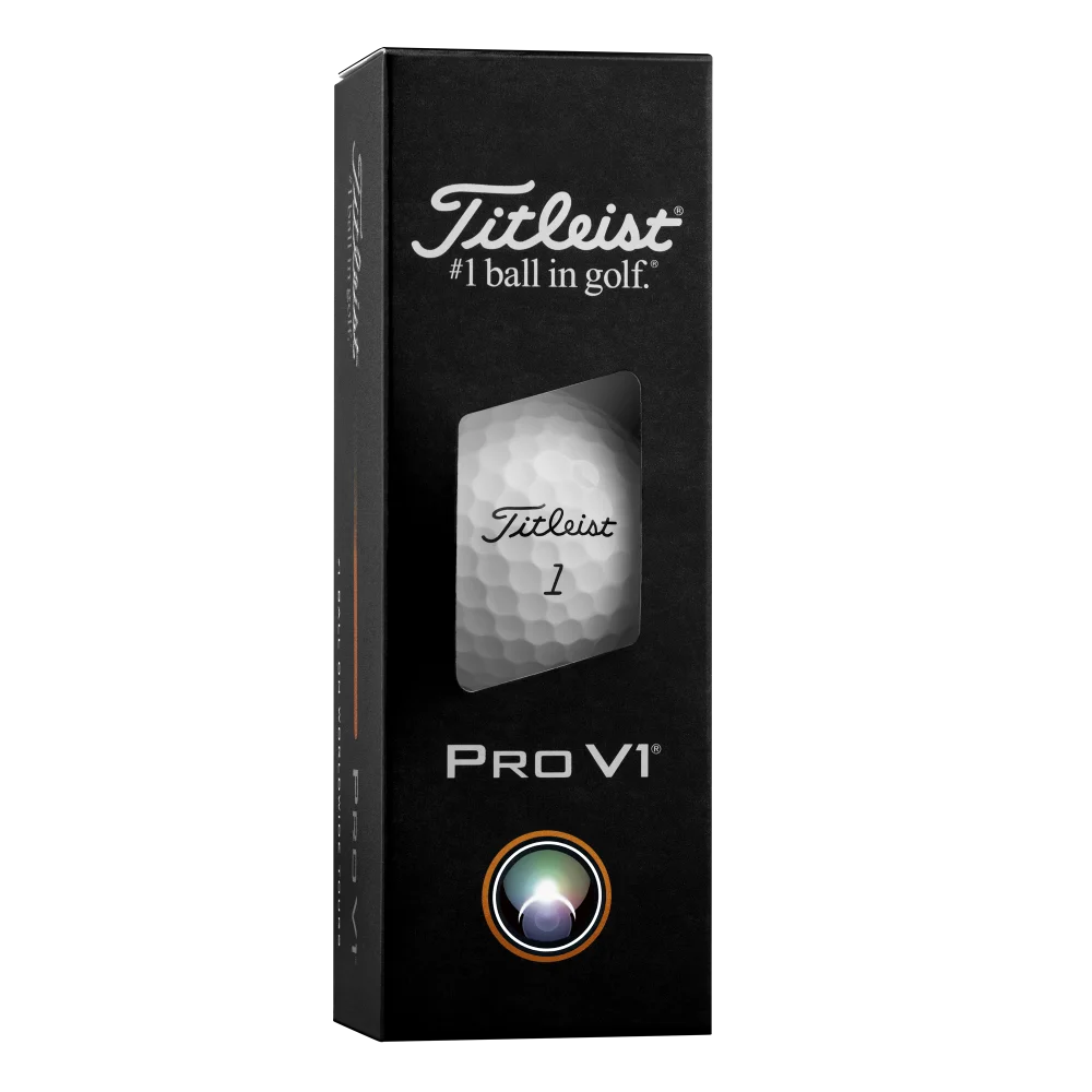 Titleist Pro V1 golf ball sleeve packaging with ball visible through window cutout.