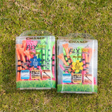 Two packages of golf tees on grass, labeled "champ fly tee," one containing 30 colorful tees with black stripes of 3¼ inches and the other 25 colorful tees with black stripes of 2½ inches, highlighting durability and preferred usage.